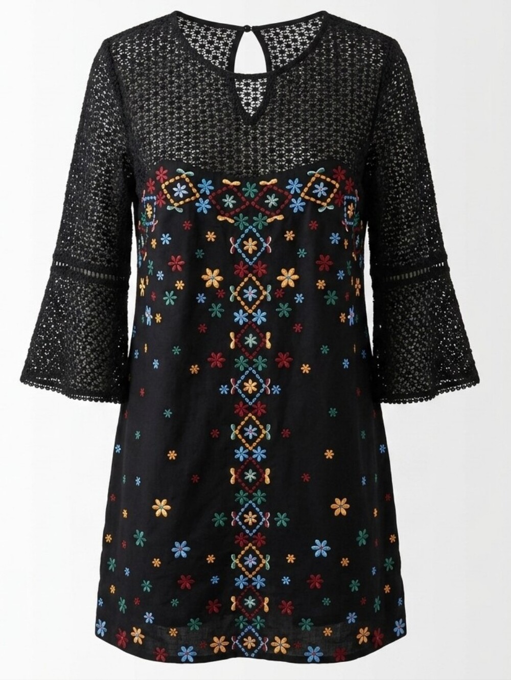Anthropologie Akemi Kin Maud Embroidered Crochet Bell Sleeve Shift Dress 6P